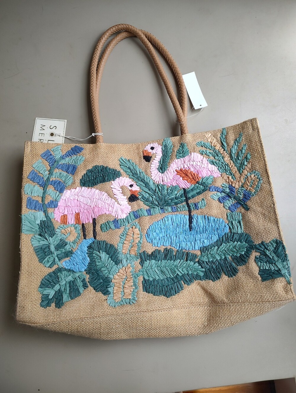 Sol And Mer Embroidered Flamingo Tote Bag in Natural and Pink - NWT
